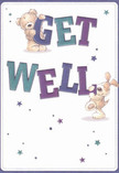 Overflowing with joyful comfort, this get well card features a teddy bear and a lively puppy springing into action, as if delivering a dose of cheer directly to a cherished friend in Shacklewell. Both hold aloft colourful block letters that boldly spell out 'Get Well,' their soft fur outlined by flickering stars in shades of violet, blue, and teal. The broad, friendly typeface stands proudly on a pristine background-much like the inviting white walls of a local shop on a bright morning-while the stars sprinkle the card with an air of magic and hope. The bear's plushy texture and the pup's floppy ears are rendered with such soft detail, they almost beckon for a gentle hug, conjuring the same sense of solace as a florist's thoughtful touch when preparing a get well bouquet. With every detail composed to uplift and reassure, this card becomes an emotional salve-perfect for sending a little everyday magic and heartfelt recovery wishes throughout Shacklewell, where community warmth shines through the smallest acts of kindness.